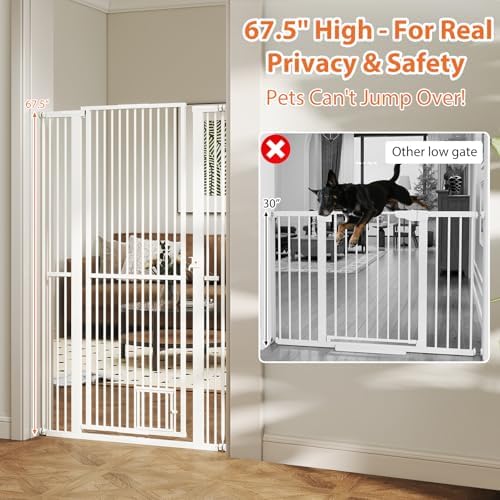 Giantex 67.5'' Extra Tall Pet Gate for Large Dogs & Cats, Adjustable 30.5''–41'' Wide Dog Gate with Small Pet Door, Extension Kits, Pressure or Hardware Mount, Jump-Proof Indoor Barrier, White - Image 7