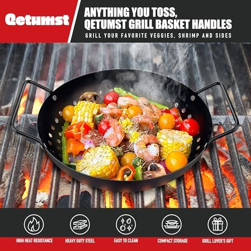 Qetumst Small Non-Stick 3 Piece Grill Basket Set – BBQ Grilling Basket for Vegetables, Seafood & Meat – Heavy Duty Perforated Grill Pan for Charcoal, Gas and Outdoor Grills, Easy to Clean Grilling Accessories - Image 2