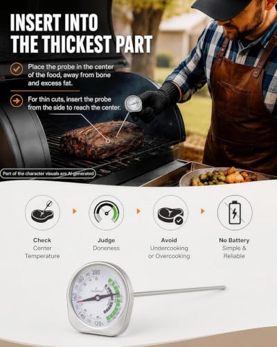 Leave in Probe Meat Thermometer Oven Safe Dual Pointer Dial BBQ Grill - Image 5