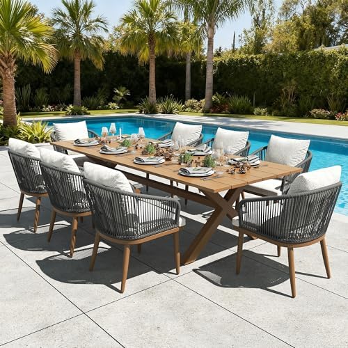 LayinSun 9 Pieces Outdoor Patio Dining Set, Aluminium Rectangular Dining Table and Wicker Rattan Chairs Set for Outside Backyard, Poolside by LayinSun
