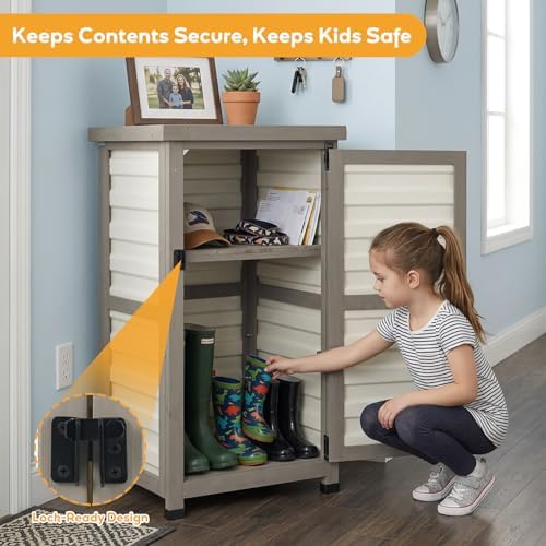 PetsCosset Small Outdoor Storage Cabinet, Wood & Plastic Potting Bench Table Tool Organizer for Patio Backyard Garden, Metal Top, Adjustable Shelf, Corner Storage for Narrow Spaces - Image 3