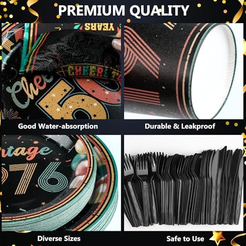 Kochorie 175 Pieces Vintage 50th Birthday Party Supplies Cheers to 50 Years Birthday Party Table Decoration Back in 1976 Tableware Set 7 Inch & 9 Inch Paper Plates Napkins Cups Cutlery Serves 25 - Image 3