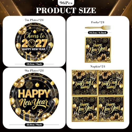 96 Pieces New Year’s Eve Plates and Napkins Set – Black and Gold 2027 Disposable 9 Inch and 7 Inch Party Plates with Gold Forks for New Year Countdown Celebration – Serves 24 Guests - Image 2
