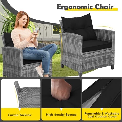 Tangkula 3 Pieces Patio Furniture Set, Outdoor PE Rattan Conversation Chair Set with Tempered Glass Side Table and Removable Cushions, PE Wicker Chairs and Table Set for Porch, Balcony and Garden - Image 3