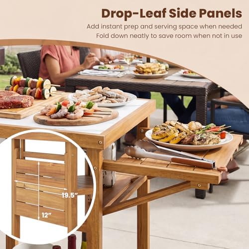 HAPPYGRILL Outdoor Wood Grill Table w/Faux Marble Top, 2-Tier Open Shelves - Image 5