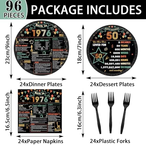 96Pcs 50th Birthday Party Paper Plates and Napkins 50th Birthday Supplies for Men and Women Disposable Dessert Plates Back in 1976 Colorful Tableware 1976 Birthday Gatherings Decorations - Image 2