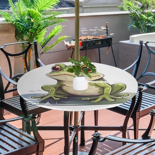 Fitted Round Tablecloth with Umbrella Hole and Zipper Frog Outdoor Elastic Table Cloth 36"-44" Oil-Proof Waterproof Green Frog Patio Table Cover for Picnic Party - Image 2