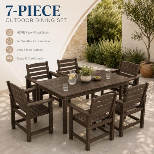 7 Pcs Outdoor Patio Dining Set, HDPE Table & Chairs with Umbrella Hole - Image 5