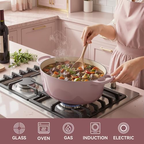 Vintage Style Oval Dutch Oven for Bread Baking, 4.5 Quart Non Stick Enameled Cast Iron Dutch Oven Pot with Lid, Oven Safe Oval Casserole with Lid up to 500°F for Baking, Braising, Stews, Roasting, Pink - Image 4