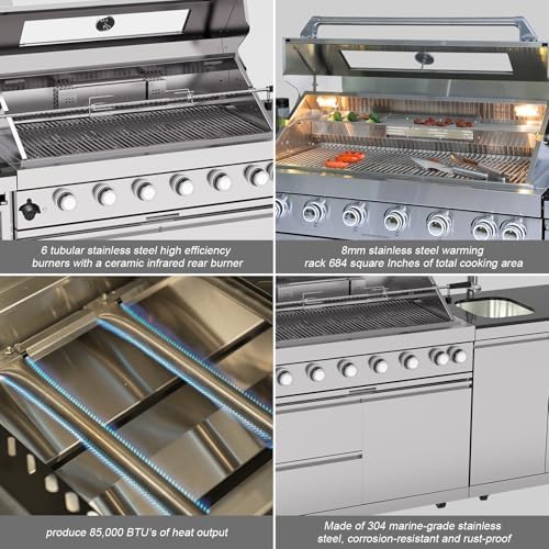 Outdoor Kitchen Island, 95.5 Inch 85000 BTU Propane Gas Grill Combination With Refrigerator and Sink, Outdoor Stainless Steel Barbecue Bar, 6 Burner Propane Grill for Patios, Gardens, Parties - Image 5