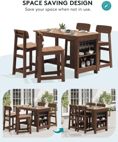 SERWALL Outdoor HDPE Counter-Height Bar Table with Storage Rack, Brown - Image 4