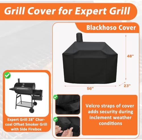 Grill Cover for Expert Grill Offset Smoker, 600D Heavy Duty Waterproof Cover for Expert Offset Smoker with Handles & Starps, Year-Round Outdoor Protection - Image 2