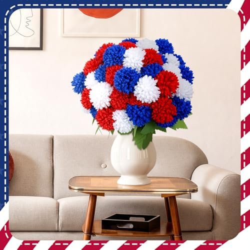 XunYee 12 Pcs Red White Blue Artificial Flowers for Outdoor,Faux Mums - Image 6