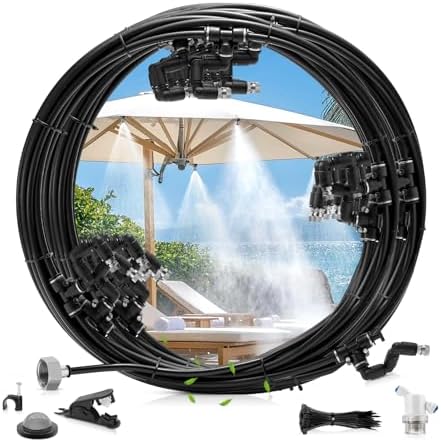 Misters for Outside Patio, 65FT (20M) Misting Line + 18 Adjustable 360° Nozzles + 3/4” Threaded Adapter, Misting Cooling System for Patio, Garden, Greenhouse, and Trampoline by DAOTAILI