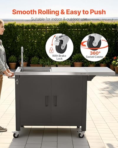 VEVOR Outdoor Grill Cart with Sink and Storage Cabinet, 52 Inch Grill Table, Waterproof Kitchen Island with Stainless Steel Top, Spice Rack, Wheel, Movable Food Prep Station for Patio Bar Backyard BBQ - Image 6