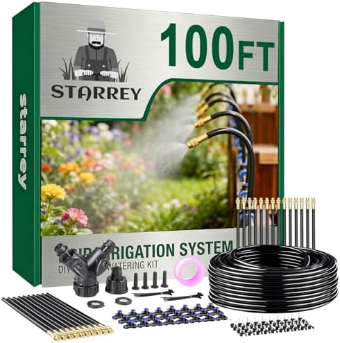 Drip Irrigation System, 2026-Upgrade 100Ft 1/4" Garden Watering System with 24 Pcs 360° Adjustable Copper Nozzles, DIY Kit for Garden, Lawn, Greenhouse, Raised Beds & Outdoor Plants by Starrey
