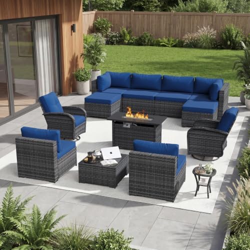 Aoxun 13 Piece Outdoor Patio Furniture Set with 44'' Fire Pit Table, Wicker Rattan Outdoor Furniture with High Back Swivel Rocker Chairs, Outdoor Sofa Set with Thick Cushion & Ottoman, Navy Blue by Aoxun
