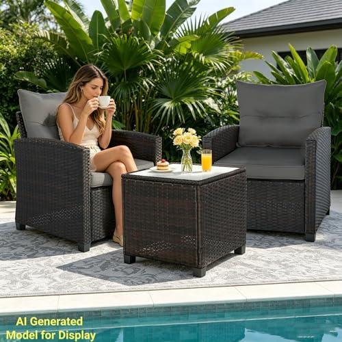 3 PCS Patio Wicker Conversation Set Sofa Table Set Gray Cushion - Image 7