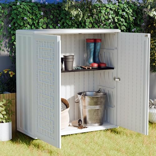 Mrosaa Indoor Outdoor Storage Cabinet Waterproof with Shelf, Off White Plastic Outdoor Cabinets for Patio/Garden/Backyard, Size 34.3''L*15''W*36.2''H - Image 2