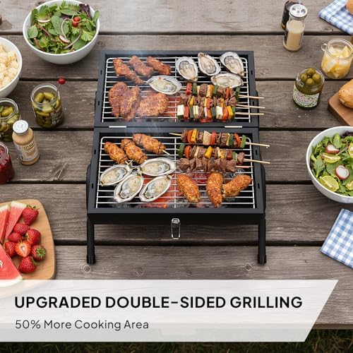 Outvita Portable Charcoal Grill with Thermometer, Dual-Sided Tabletop Black - Image 3