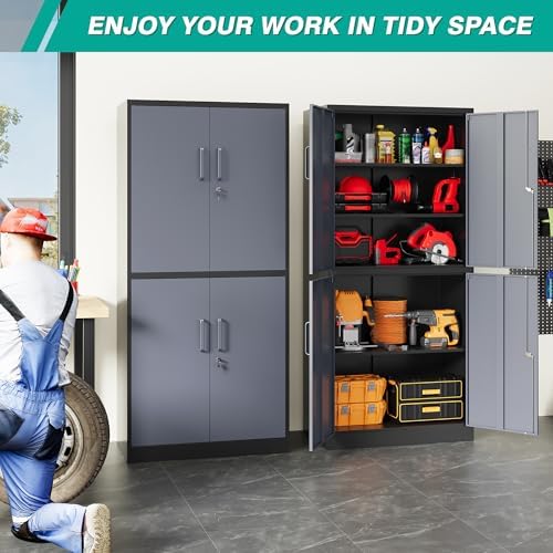 SISESOL Metal Storage Cabinets with Doors and Shelves,71" Metal Garage Storage Cabinet with Lock,Gray Steel Cabinet with Locking Doors,4 Door Lockable Storage Cabinets for Garage,Home,Office - Image 3