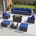 Aoxun 10 Piece Outdoor Patio Furniture Set with 44'' Fire Pit Table, Outdoor Patio Furniture Sets with Coffee Table, Wicker Rattan Outdoor Conversation Set with Ottoman for Backyard, Navy Blue by Aoxun