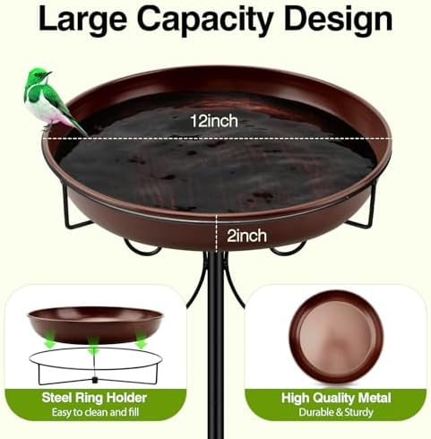 Daoeny Heavy Duty Bird Baths for Outdoors, 35In Outdoor Freestanding Birdbaths & Birdfeeder, Bird Bath Feeder Bowl with Metal Stake Garden Patio Yard Lawn Decor, Upgraded 5-Pronged Base (Brown) - Image 2
