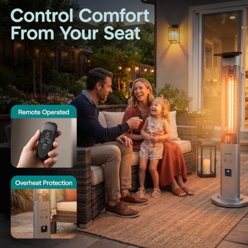 SereneLife Outdoor Electric Patio Heater - 900W Infrared Heater with Remote, Aluminum Reflector, Waterproof Design, IP65 Approved, Quiet Operation, Standing Porch Heater for Patio & Backyard - Image 4