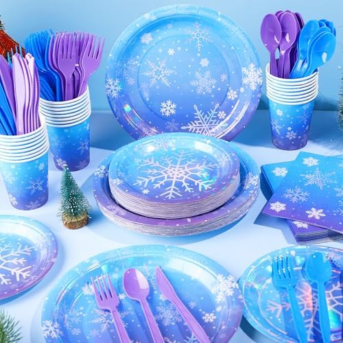 Kochorie 175 Pieces Frozen Iridescent Winter Snowflake birthday Party Supplies Frozen Disposable Party Tableware Set Paper Plates Napkins Cups for Christmas Winter Wonderland Decorations, Serve 25 - Image 6