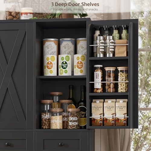 HOSTACK 67"H Farmhouse Kitchen Pantry Storage Cabinet with 3 Drawers, Black - Image 5
