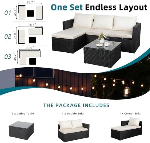 SUNLEI Patio Furniture Set with Detachable Soft Cushions, Outdoor PE Rattan Patio Conversation Sofa Set, 3-Piece Patio Sectional Sofa with Glass Coffee Table (Black Rattan&White) - Image 4