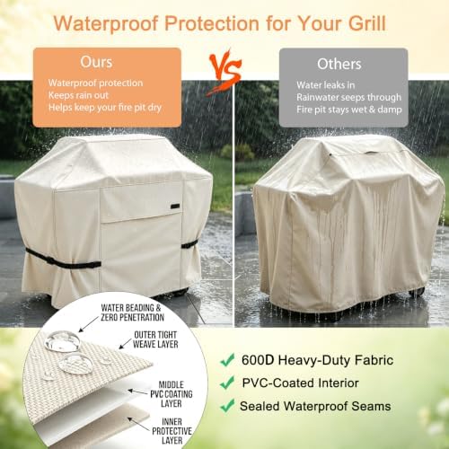 NettyPro Grill Cover for Outdoor Grill 48 Inch Waterproof Heavy Duty, Beige - Image 5