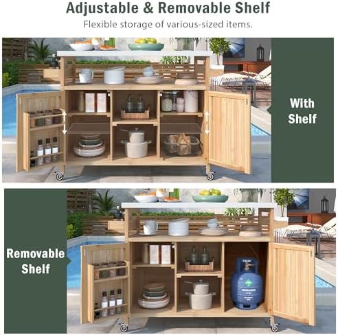 Outdoor Kitchen Island with Stainless Steel Top, Rolling Bar Cart & Storage Cabinet, 100% Solid Fir Wood BBQ Prep Station Grill Table with Spice Rack & Towel Holder (Natural, 50-Inch) - Image 5