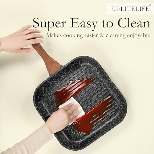 ESLITE LIFE Nonstick Grill Pan for Stove Tops, Versatile Griddle with Pour Spouts, 11 Inch Square Big Grilling Skillet Steak Pan for Indoor & Outdoor Cooking, PTFE & PFOA Free, Black - Image 6