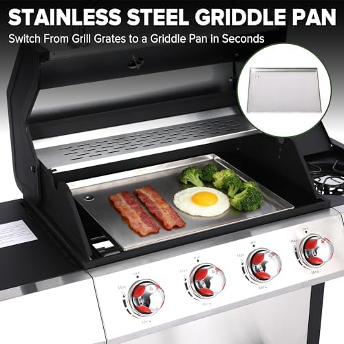 Gas and Charcoal Grill Combo with Side Burner, 4-Burner Propane Grill and Griddle Combo with Porcelain-Enameled Cast Iron Grates & Double-Wall Insulated Lid, 49,000 BTU Outdoor BBQ Grill - Image 5