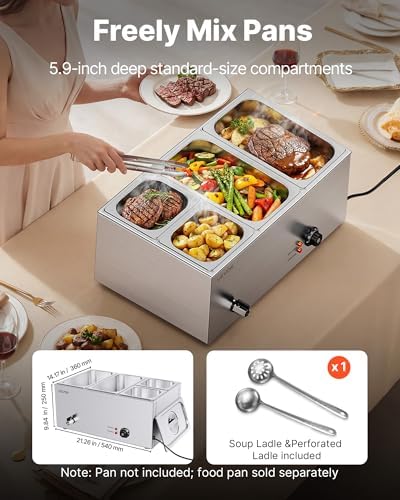 VEVOR 4-Pan Commercial Food Warmer, 24QT Electric Steam Table, 1200W Professional Countertop Stainless Steel Buffet Bain Marie with 86-185°F Temp Control for Catering and Restaurants, Silver - Image 3