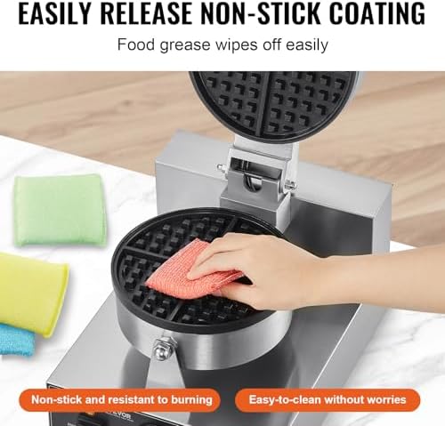 VEVOR Commercial Waffle Maker, 1230W Round Waffle Baker Machine, Non-Stick Stainless Steel Belgian Waffle Iron with Temperature and Time Control, Handle, for Restaurant Bakery Snack Bar Family - Image 4