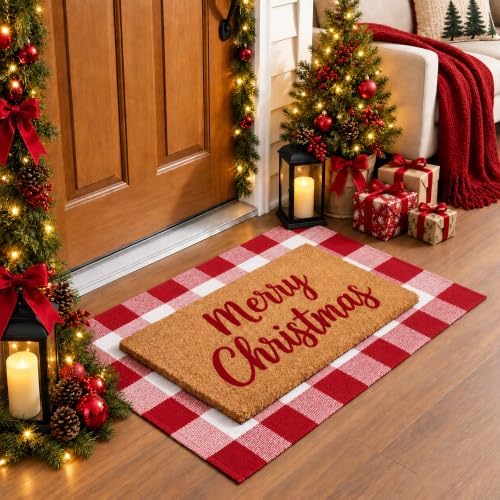 Christmas Red and White Plaid Door Mat, 28 x 43 Inches Cotton Hand-Woven Layered Entry Mat for Front Porch, Entryway, Outdoor Holiday Decor, Washable Buffalo Check Doormat for Home, Patio, Kitchen - Image 6