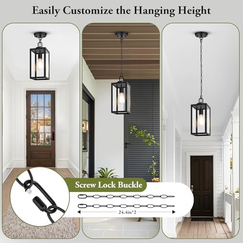 BesLowe Outdoor Pendant Light, Modern Hanging Lantern for Porch, Black - Image 3