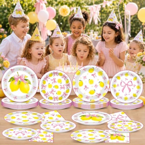 96 Pcs Pink Bow Lemon Party Decorations Pink Yellow Birthday Plates and Napkins Lemon Paper Plates Summer Disposable Tableware Set for Girls Women Bridal Baby Shower Wedding Supplies - Image 6