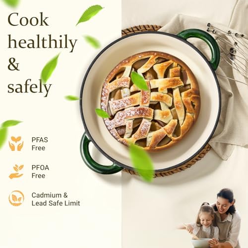 Overmont Enameled Cast Iron Dutch Oven - 7QT Pot with Lid Cookbook & Cotton Potholders - Heavy-Duty Cookware for Braising, Stews, Roasting, Bread Baking GlossyGreen - Image 2