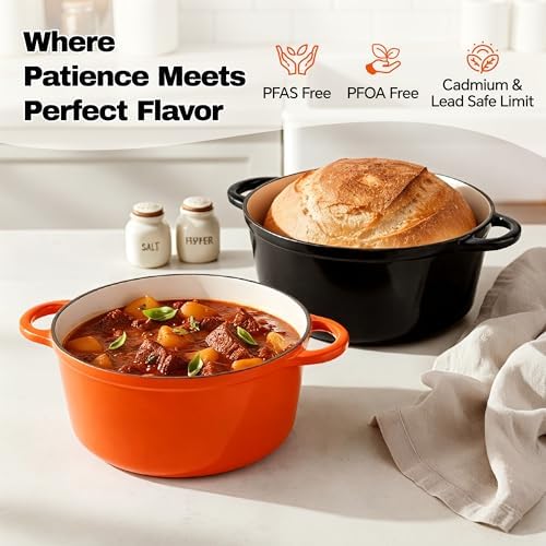 6 Quart Dutch Oven Pot with Lid, Non Stick Enameled Cast Iron Dutch Oven for Bread Baking, Heavy-Duty, Oven Safe Ceramic Cookware Up to 500°F for Baking, Braising, Stews, Roasting, Orange - Image 2