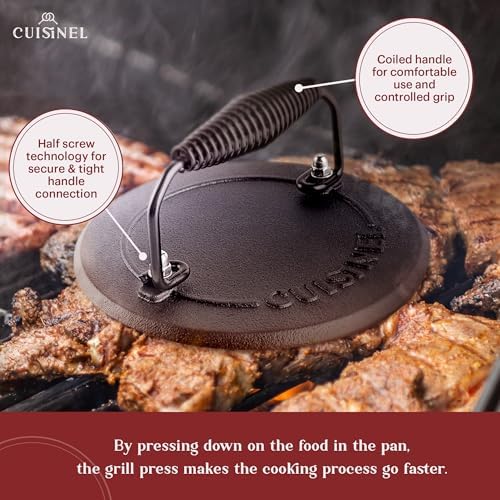 Cast Iron Skillet + Grill Press + Scraper Set - 12"-inch Pre-Seasoned Frying Pan + Silicone Handle Grip - 7" Round Burger Smasher - Indoor/Outdoor, Stove, Oven, Grill, Induction Kitchen Cookware - Image 5