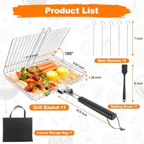 Fish Grill Basket for Outdoor Grill, Grilling Basket With Removable Handle, Portable BBQ Set Barbecue Rack for Shrimp Pork Veggies, Camping Grilling Accessories With Brush, Metal Skewers and Carry Bag - Image 7