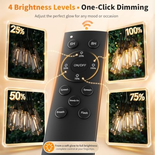Hotsonic Remote Control Outdoor String Lights Waterproof, 100FT LED Outside Lights with Shatterproof Bulbs, Dimmable Hanging Light 3 Modes for Patio Porch Garden pergola Yard House Bistro Party decors - Image 4
