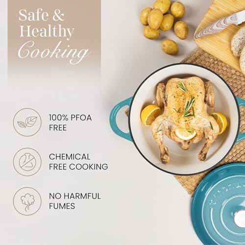 Cast Iron Dutch Oven with Lid-Non-Stick Ovenproof Enamelled Casserole Pot - Sturdy Dutch Oven Cookware-Teal, 7.3- Quart, 30cm- by Nuovva - Image 4