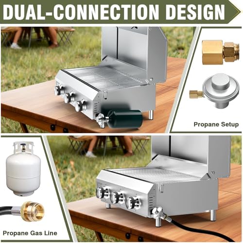 Bestfire 3-Burner Tabletop Propane Gas Grill with Dual Connections, 30,000 BTU Portable Propane Grill Fits Large Cylinders & Small Canisters, Knobs, Compact Design for Camping, RV, BBQ - Image 2