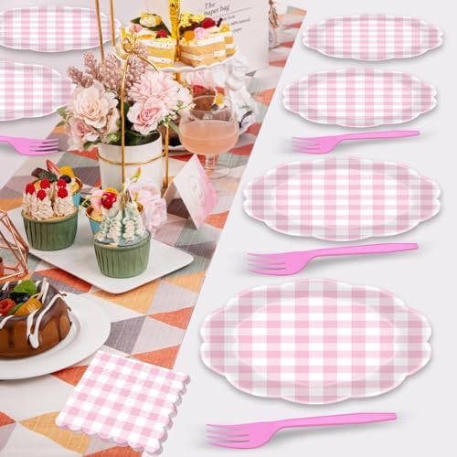 96 Pieces Pink Gingham Party Tableware Set – Scalloped Edge Checkered Paper Plates, Napkins and Pink Forks Disposable Dinnerware for Baby Shower, Picnic, Birthday, Tea Party and Summer Party Supplies - Image 5