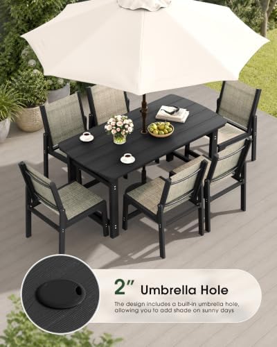 HDPE Outdoor Dining Set, Patio Table and 6 Stackable Armless Chairs, Black - Image 5