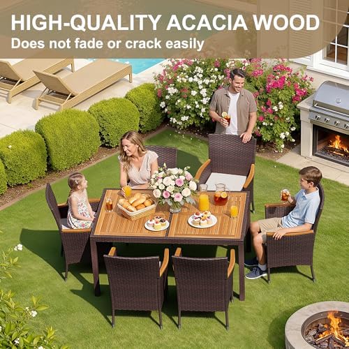 Devoko 7 PCS Acacia Wood Patio Dining Set, Brown Rattan - Image 3